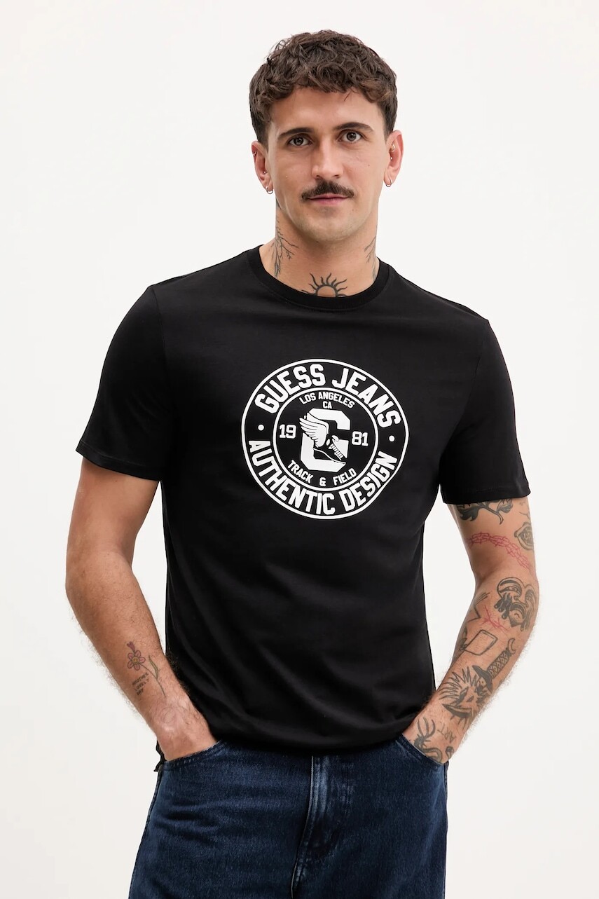 Bavlnené tričko Guess Jeans pánske, čierna farba, s potlačou, M5YI29 K8HM0