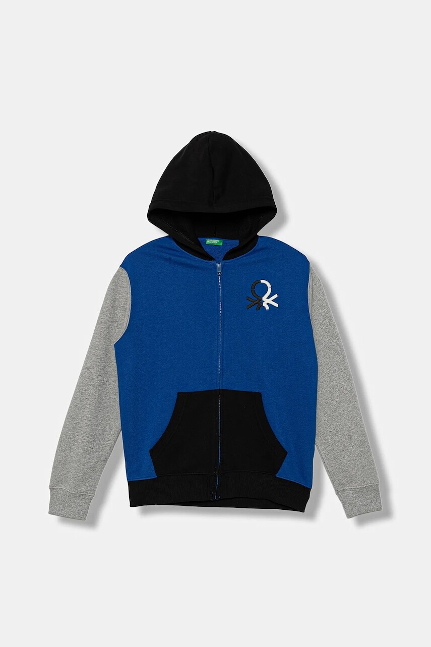 Detská bavlnená mikina United Colors of Benetton modrá farba, s kapucňou, vzorovaná, 3J68C505C