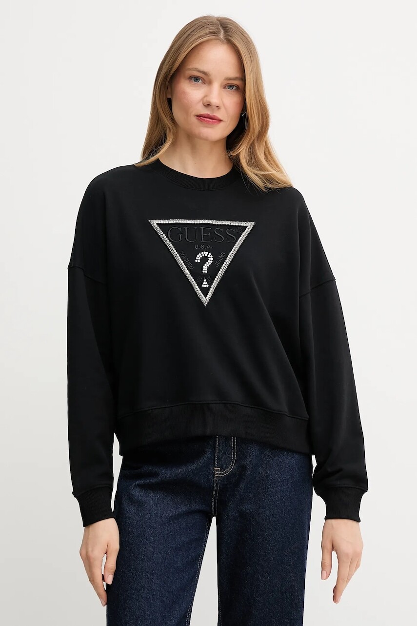 Bavlnená mikina Guess RACHELE čierna farba, s nášivkou, W5YQ04 KC8I0