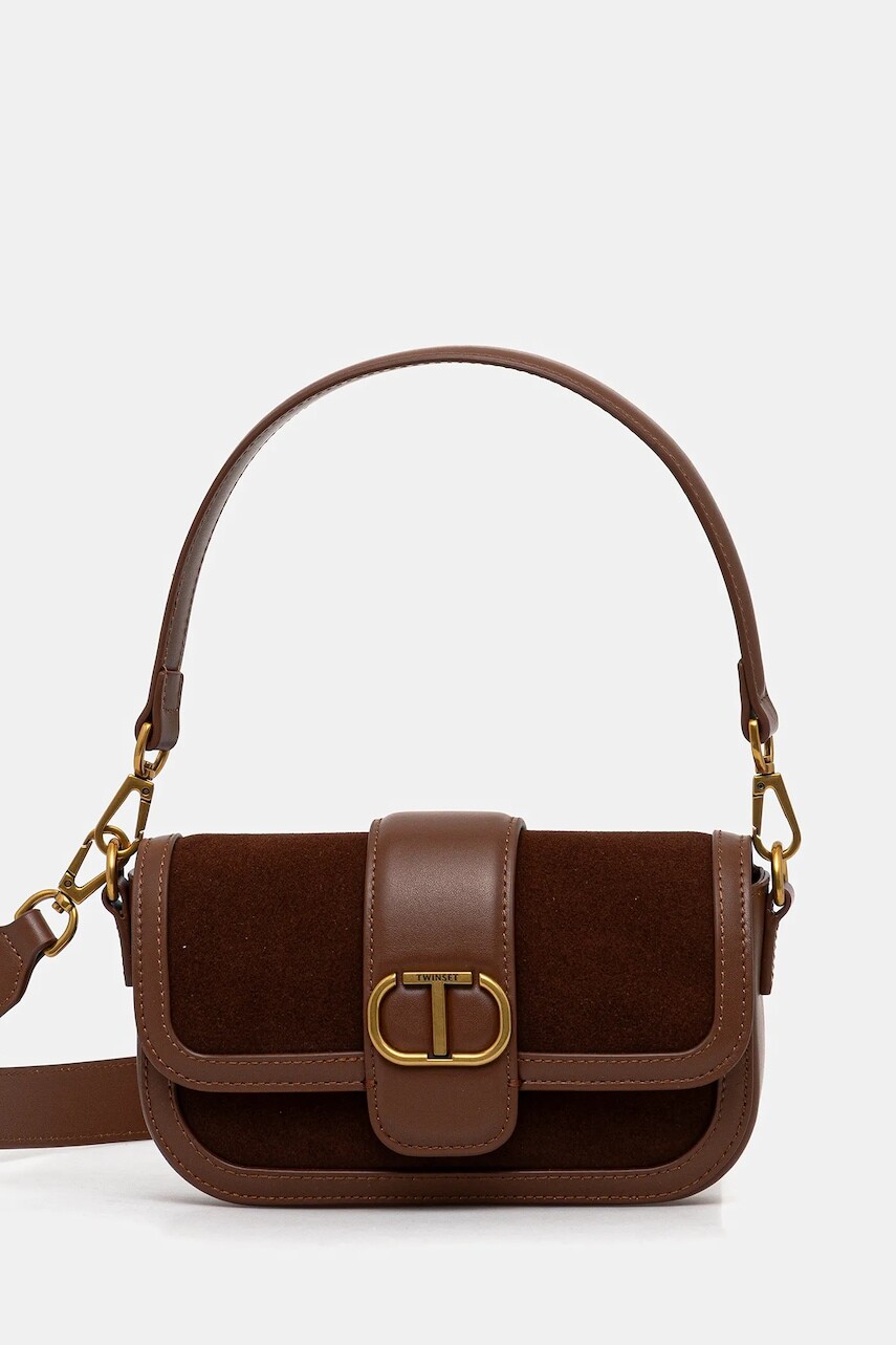 Kožená kabelka Twinset hnedá farba, 252TD8371