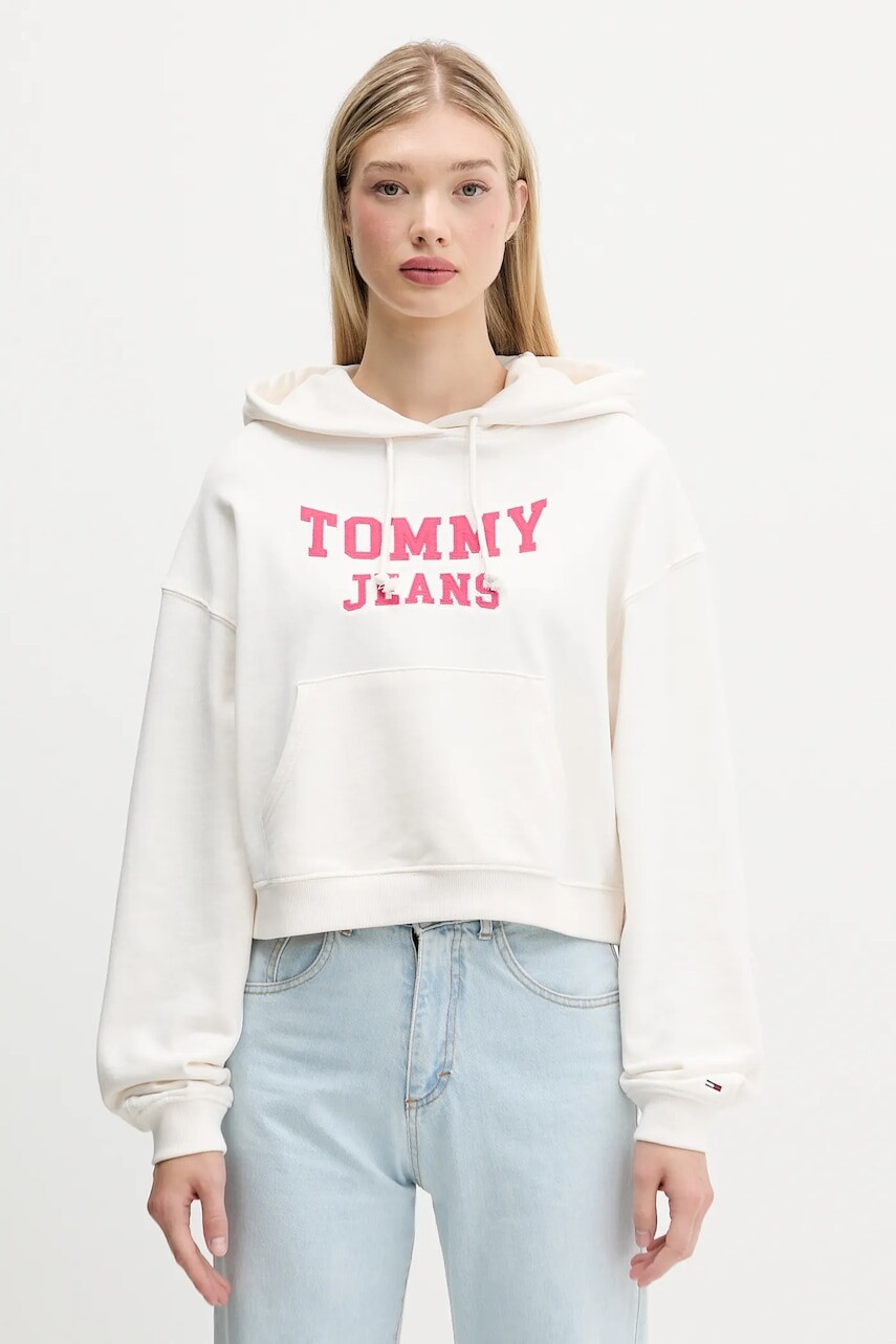 Bavlnená mikina Tommy Jeans béžová farba, s kapucňou, s nášivkou, DW0DW21598