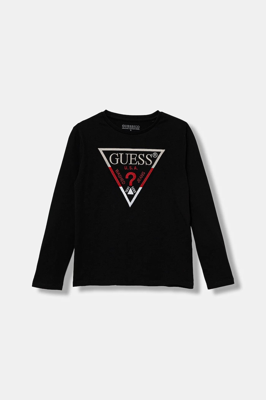 Detská bavlnená košeľa s dlhým rukávom Guess čierna farba, s nášivkou, L5BI35 I3Z14