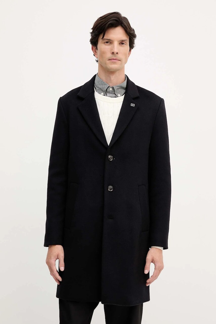 Vlnený kabát Tommy Hilfiger čierna farba, MW0MW40768