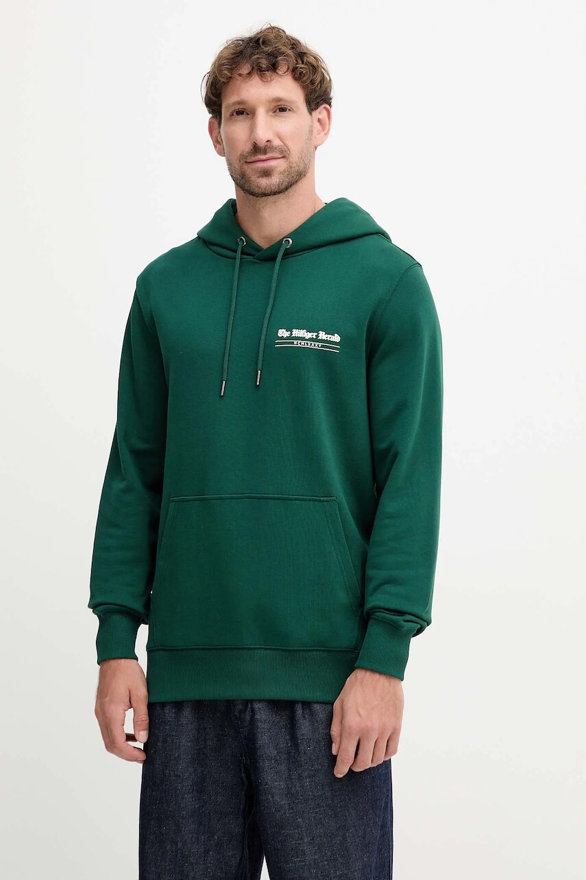 Bavlnená mikina Tommy Hilfiger zelená farba, s kapucňou, s potlačou, MW0MW40065