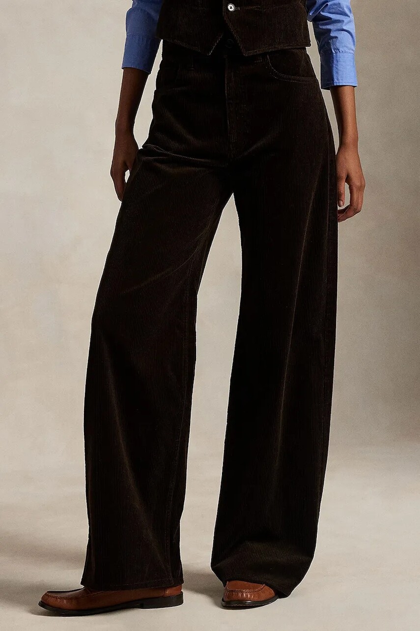 Menčestrové nohavice Polo Ralph Lauren hnedá farba, rovný strih, vysoký pás, 211A87463