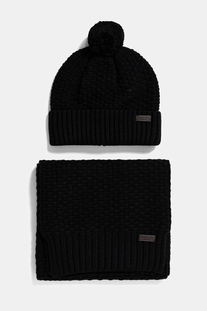 Čiapka a šál Barbour čierna farba, MGS0097