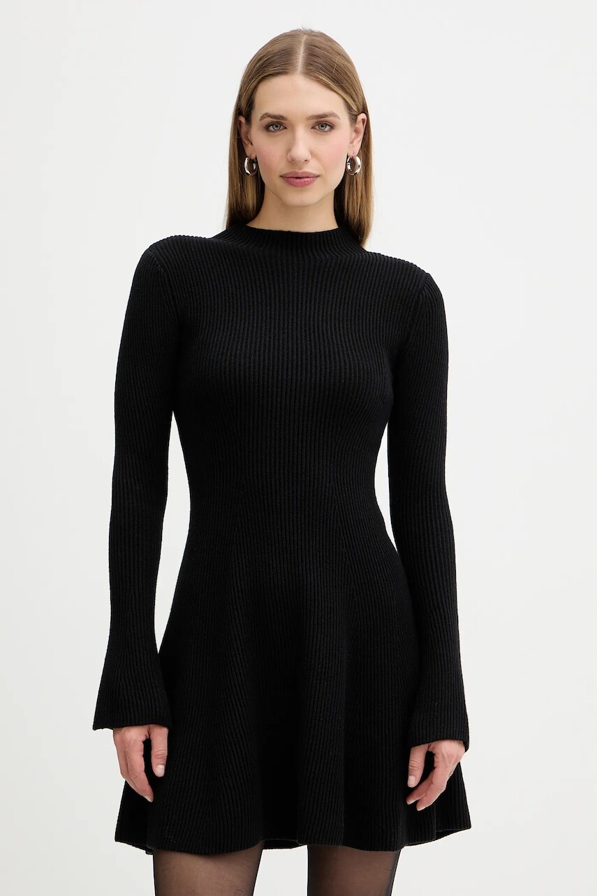 Šaty s prímesou vlny Twinset čierna farba, mini, áčkový strih, 252TT3140