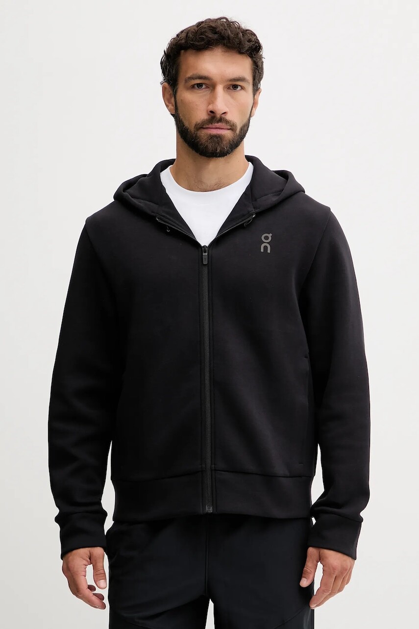 Tréningová mikina On Focus Tech čierna farba, s kapucňou, s potlačou, 1MF30300553