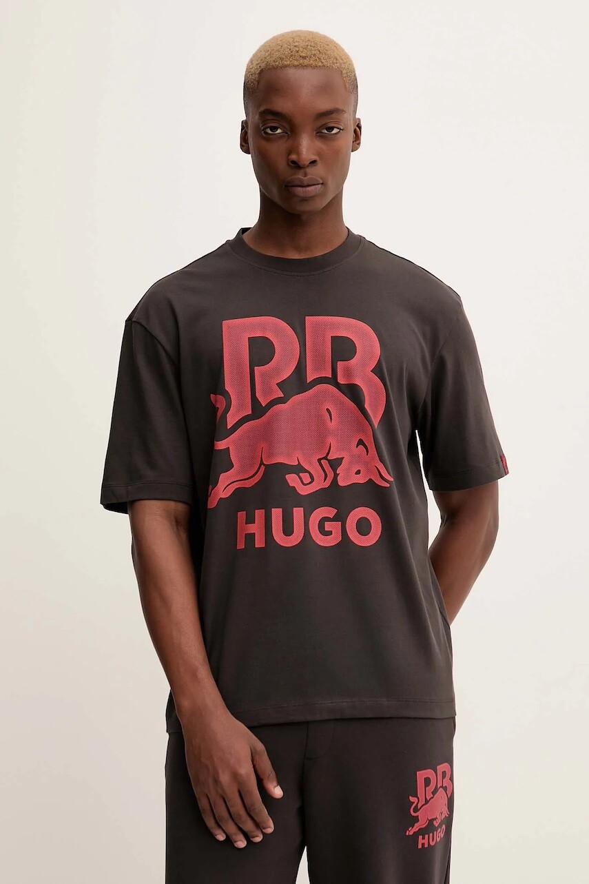 Bavlnené tričko HUGO pánske, hnedá farba, s potlačou, 50551836