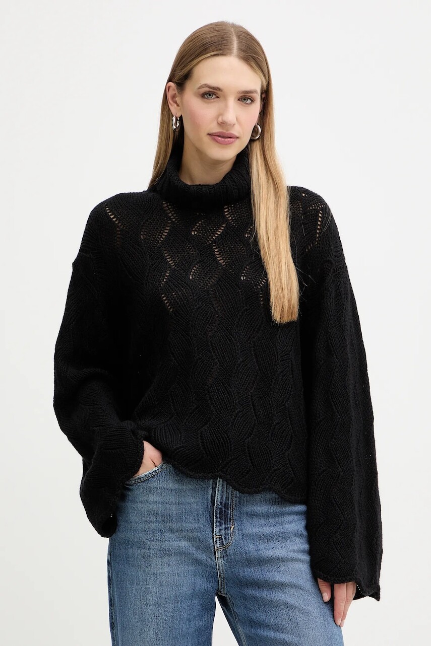 Sveter s prímesou vlny Twinset čierna farba, teplé, s rolákom, 252TT3424