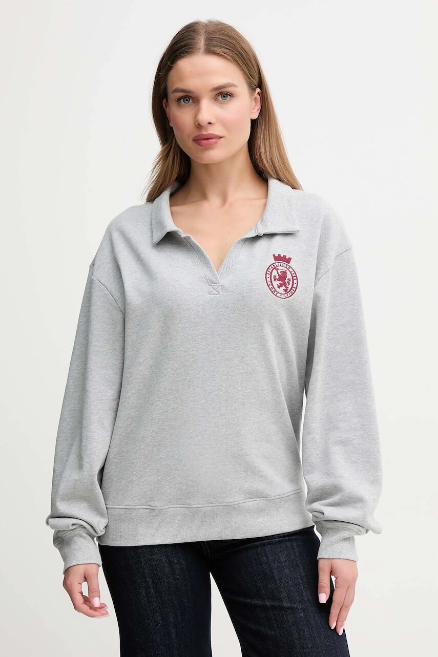 Mikina Tommy Hilfiger šedá farba, s nášivkou, UW0UW06078