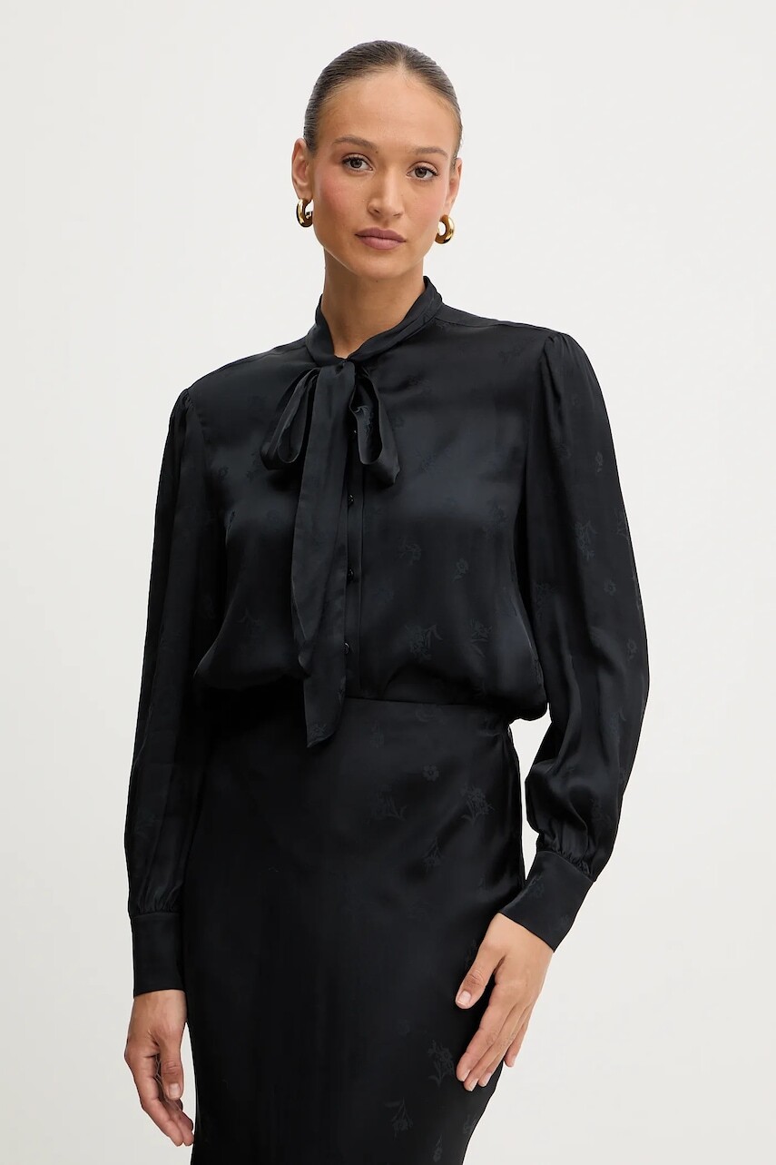 Košeľa Twinset čierna farba, regular, s viazaním vo výstrihu, 252TT2361