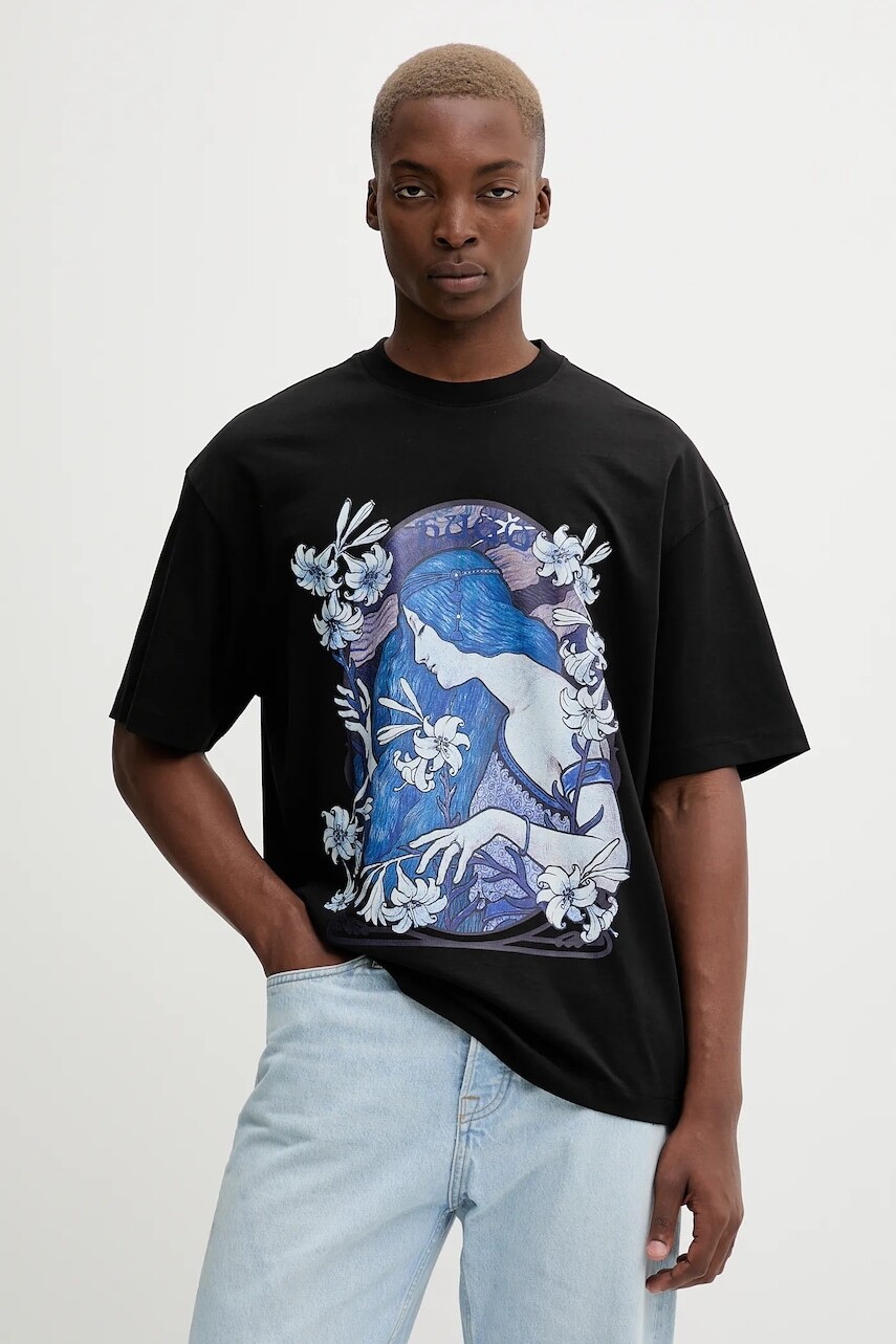 Bavlnené tričko HUGO pánske, čierna farba, s potlačou, 50548466