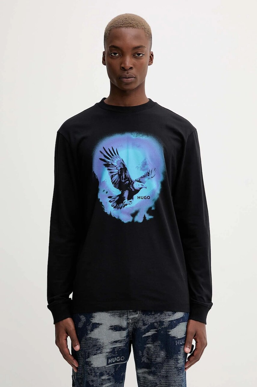 Bavlnené tričko s dlhým rukávom Hugo Blue čierna farba, s potlačou, 50549135
