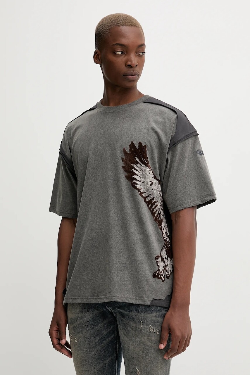 Bavlnené tričko Diesel T-BOXT-PEELOFF pánske, šedá farba, s potlačou, A19321.0KIBX