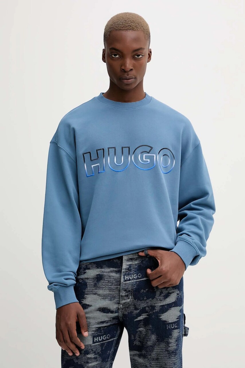 Bavlnená mikina Hugo Blue modrá farba, s nášivkou, 50549148