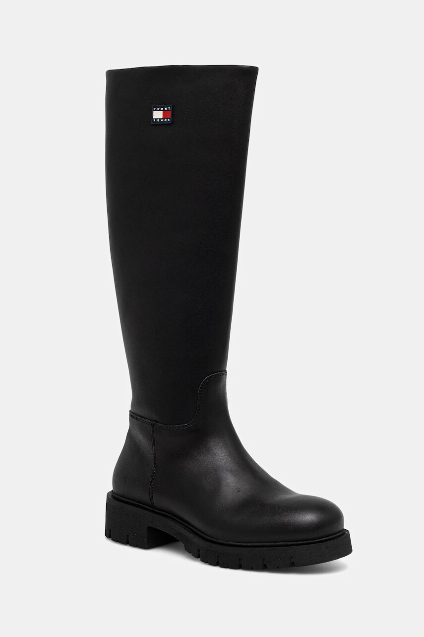 Vysoké čižmy Tommy Jeans TJW STRETCHY LONG SHAFT čierna farba, na plochom podpätku, EN0EN02828