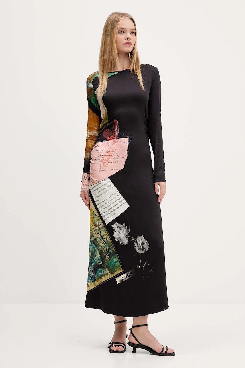 Šaty Desigual PATCH FIONA čierna farba, maxi, áčkový strih, 25WWVW08