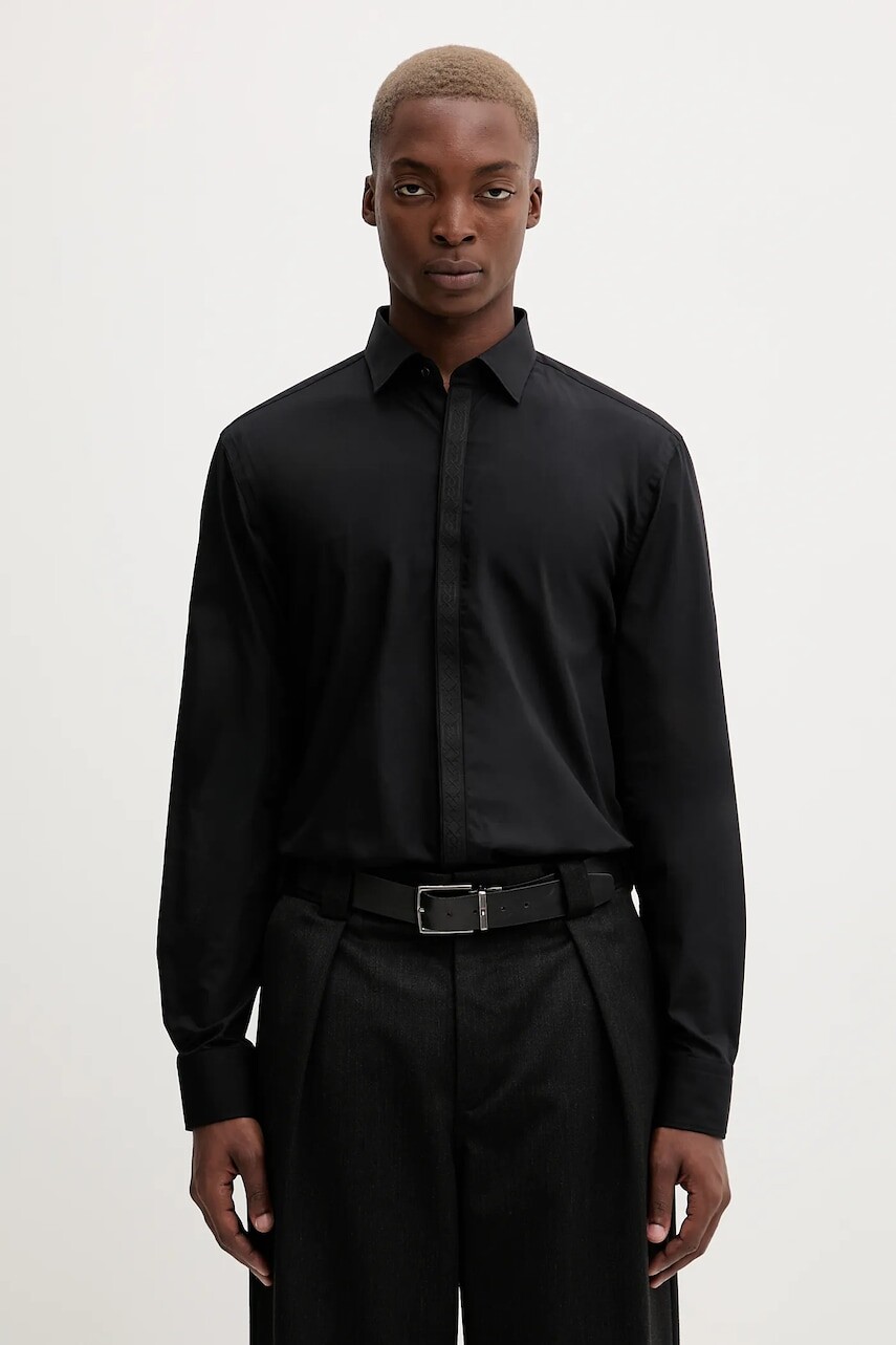 Bavlnená košeľa HUGO čierna farba, slim, s klasickým golierom, 50549775