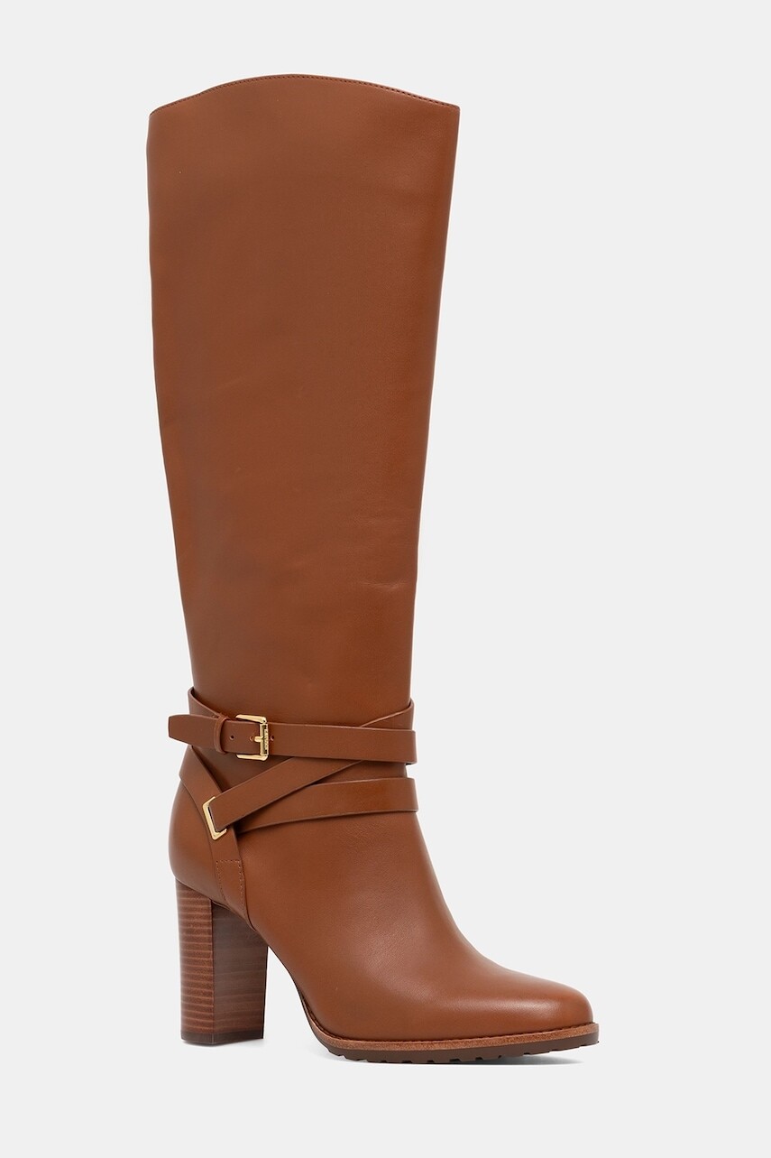 Kožené čižmy Lauren Ralph Lauren Cllns Tl Hl hnedá farba, na podpätku, 802974386001