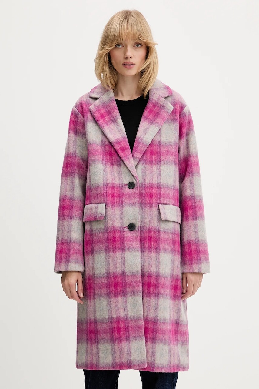 Kabát s prímesou vlny Desigual PINKCHECK ružová farba, 25WWEW15