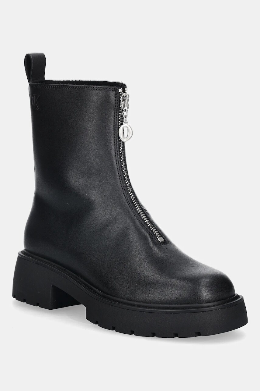 Kožené členkové topánky Calvin Klein CHUNKY FRONT ZIP BOOT čierna farba, na plochom podpätku, YW0YW01907