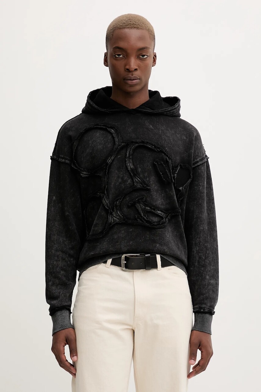 Bavlnená mikina Desigual ORLANDO čierna farba, s kapucňou, vzorovaná, 25WMSK19