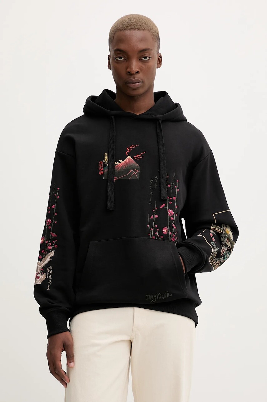 Bavlnená mikina Desigual POSTCARDS čierna farba, s kapucňou, s nášivkou, 25WMSK13