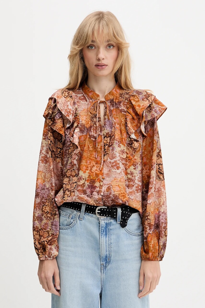 Košeľa Desigual ROMANTICA oranžová farba, regular, s viazaním vo výstrihu, 25WWBW08