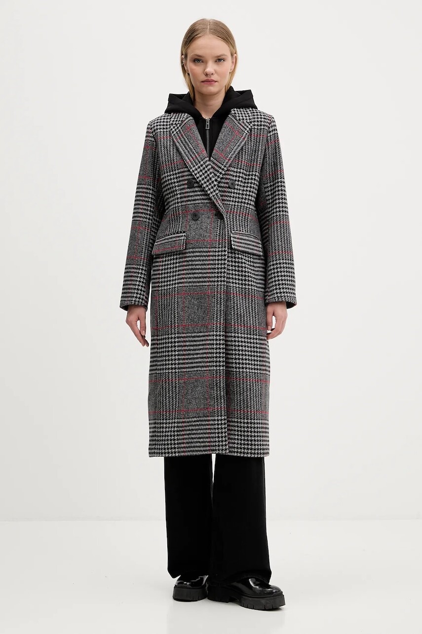Kabát s prímesou vlny Desigual CAPUCHA CHECK šedá farba, 25WWEW13