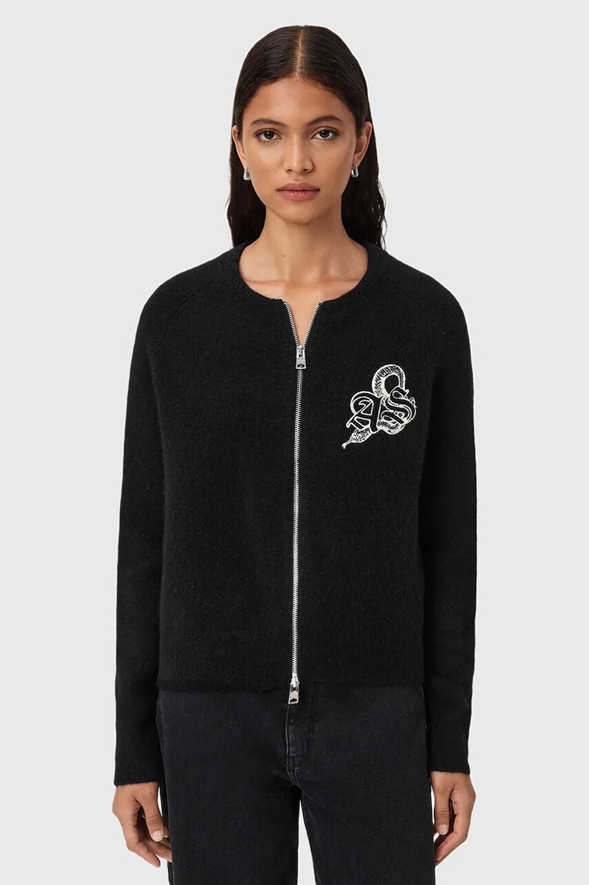 Kardigan s prímesou vlny AllSaints JAQUELINE čierna farba, W042KD