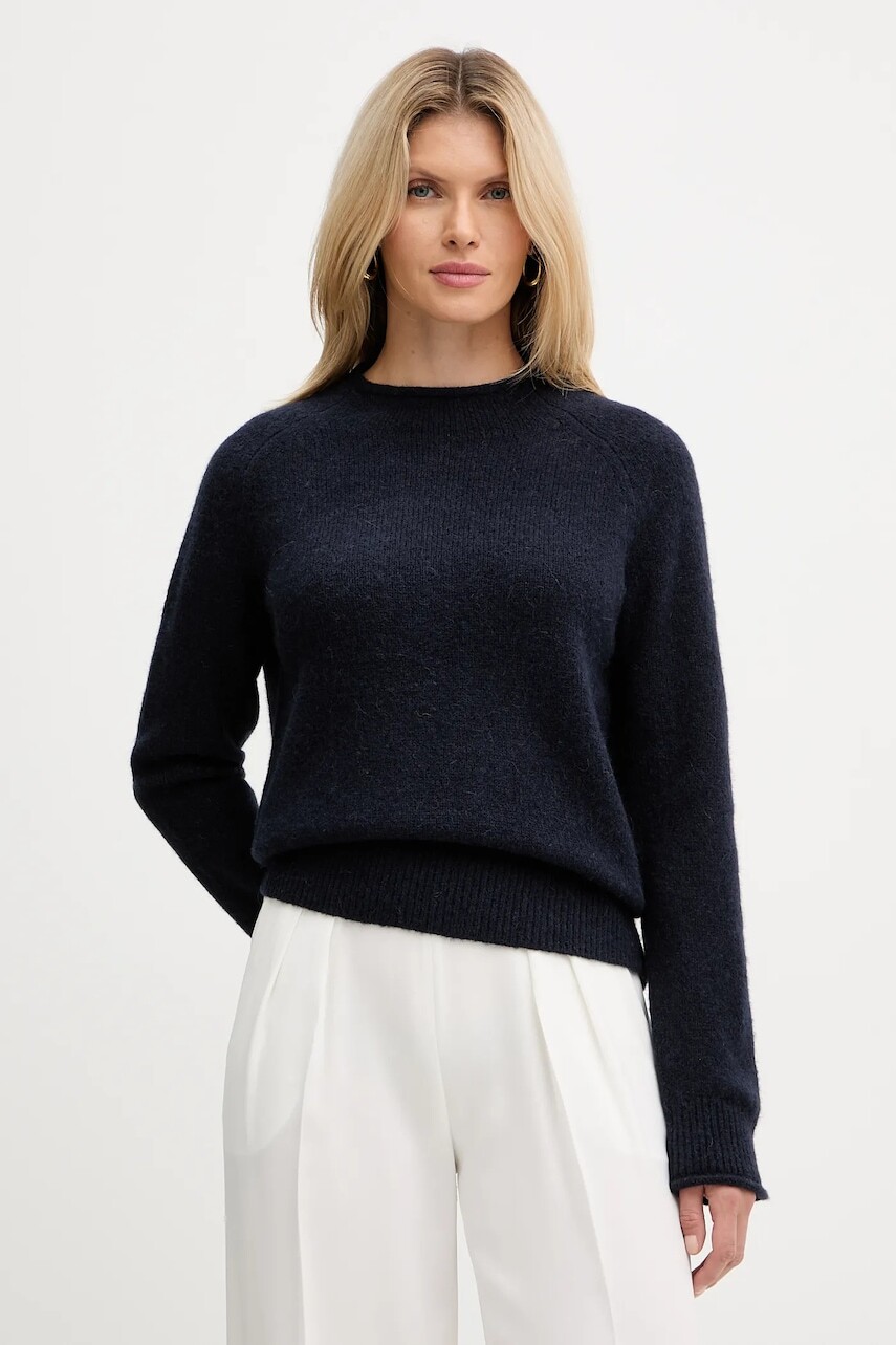 Sveter s prímesou vlny BOSS Orange tmavomodrá farba, ľahký, s polorolákom, 50548930