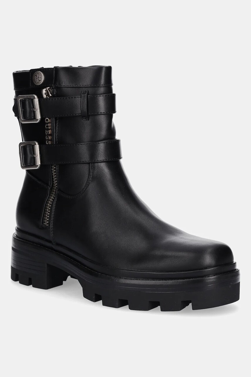 Členkové topánky Guess LYNDEN čierna farba, na plochom podpätku, FLFLYN ELE10