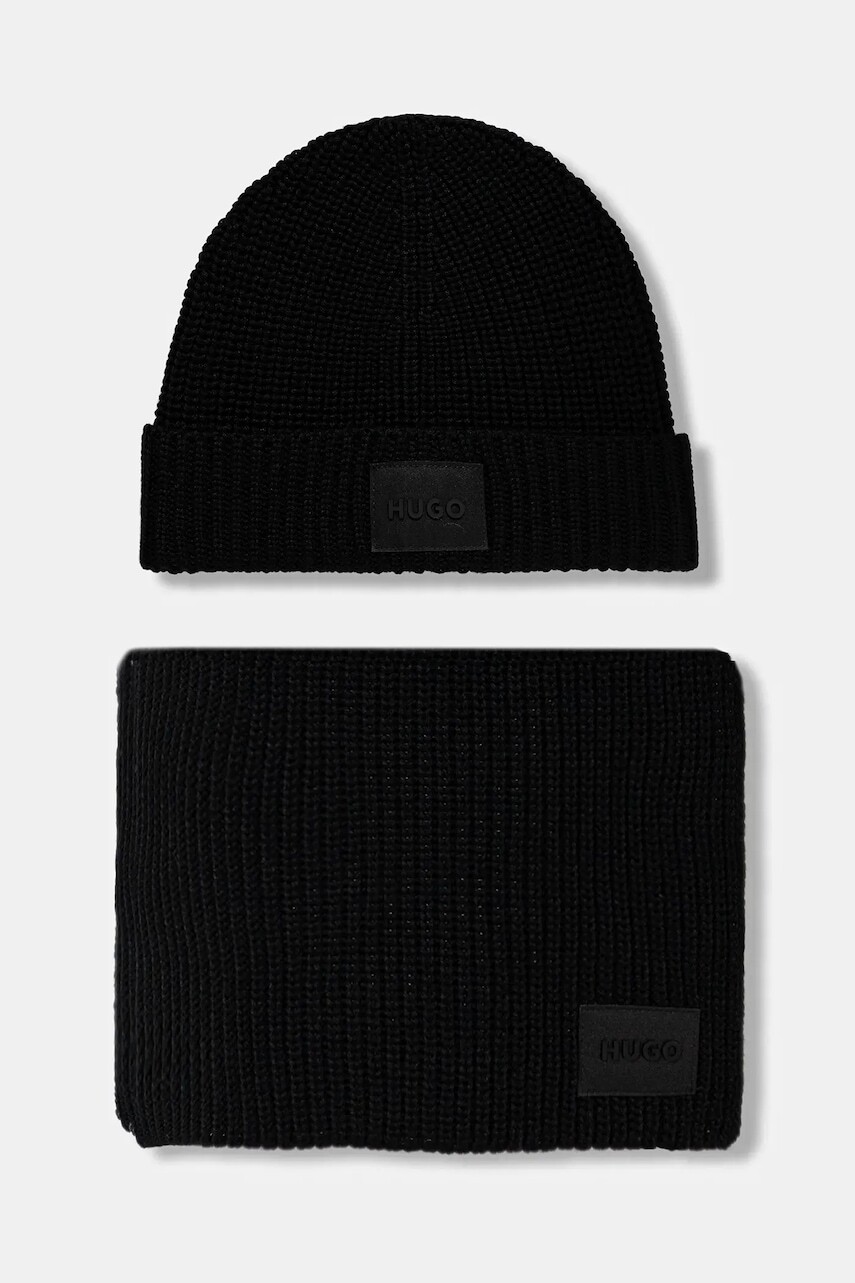 Čiapka a šál s prímesou vlny HUGO čierna farba, 50551423