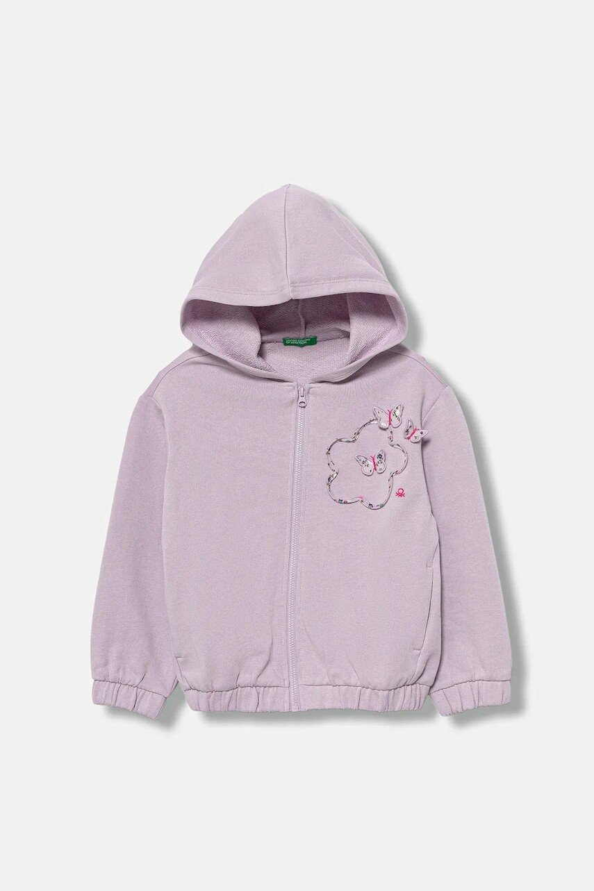 Detská bavlnená mikina United Colors of Benetton fialová farba, s kapucňou, s nášivkou, 3J68G503W