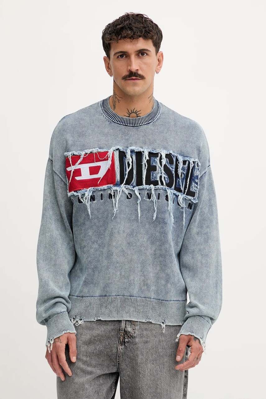 Bavlnená mikina Diesel K-FRONZI modrá farba, s nášivkou, A18915.0KICC