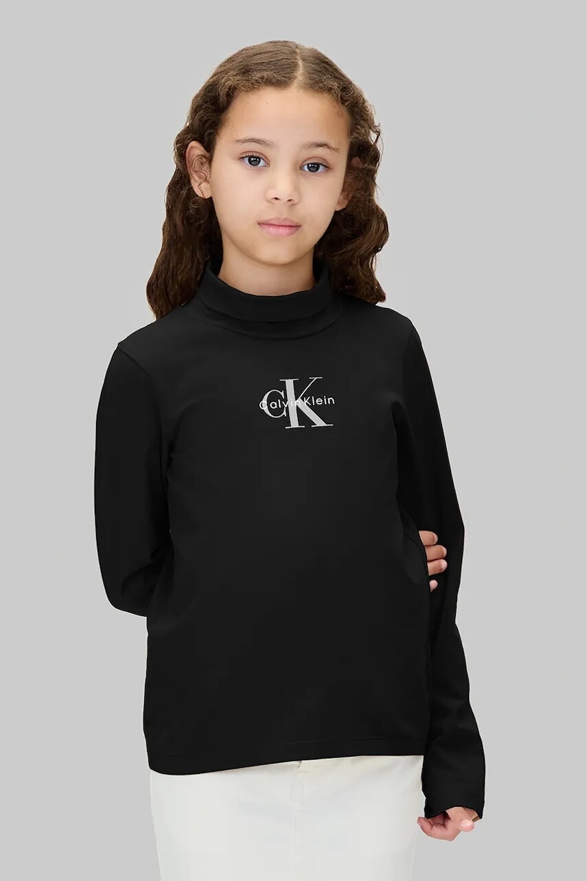 Detské bavlnené tričko s dlhým rukávom Calvin Klein Jeans čierna farba, s rolákom, IG0IG03044