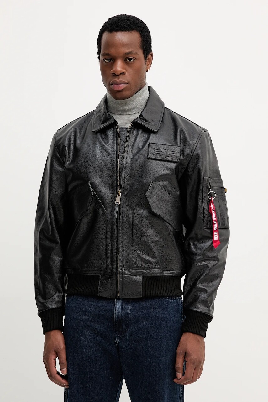 Kožená bunda Alpha Industries čierna farba, prechodná, 100109.03