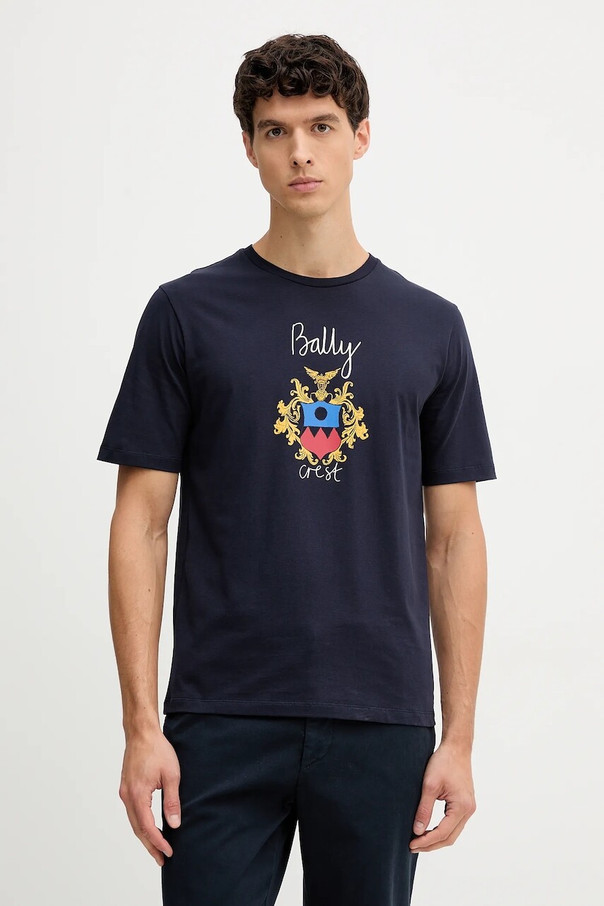 Bavlnené tričko Bally pánske, tmavomodrá farba, s potlačou, MJE0AB