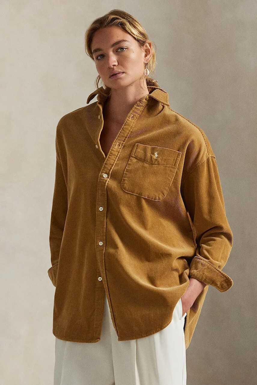 Menčestrová košeľa Polo Ralph Lauren béžová farba, voľný strih, s klasickým golierom, 211971525