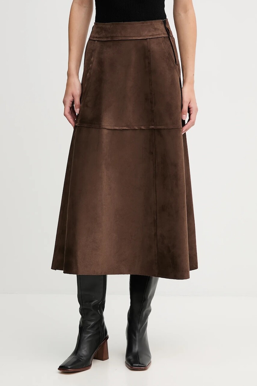 Sukňa Sandro Ferrone hnedá farba, midi, áčkový strih, S48YBFLIN