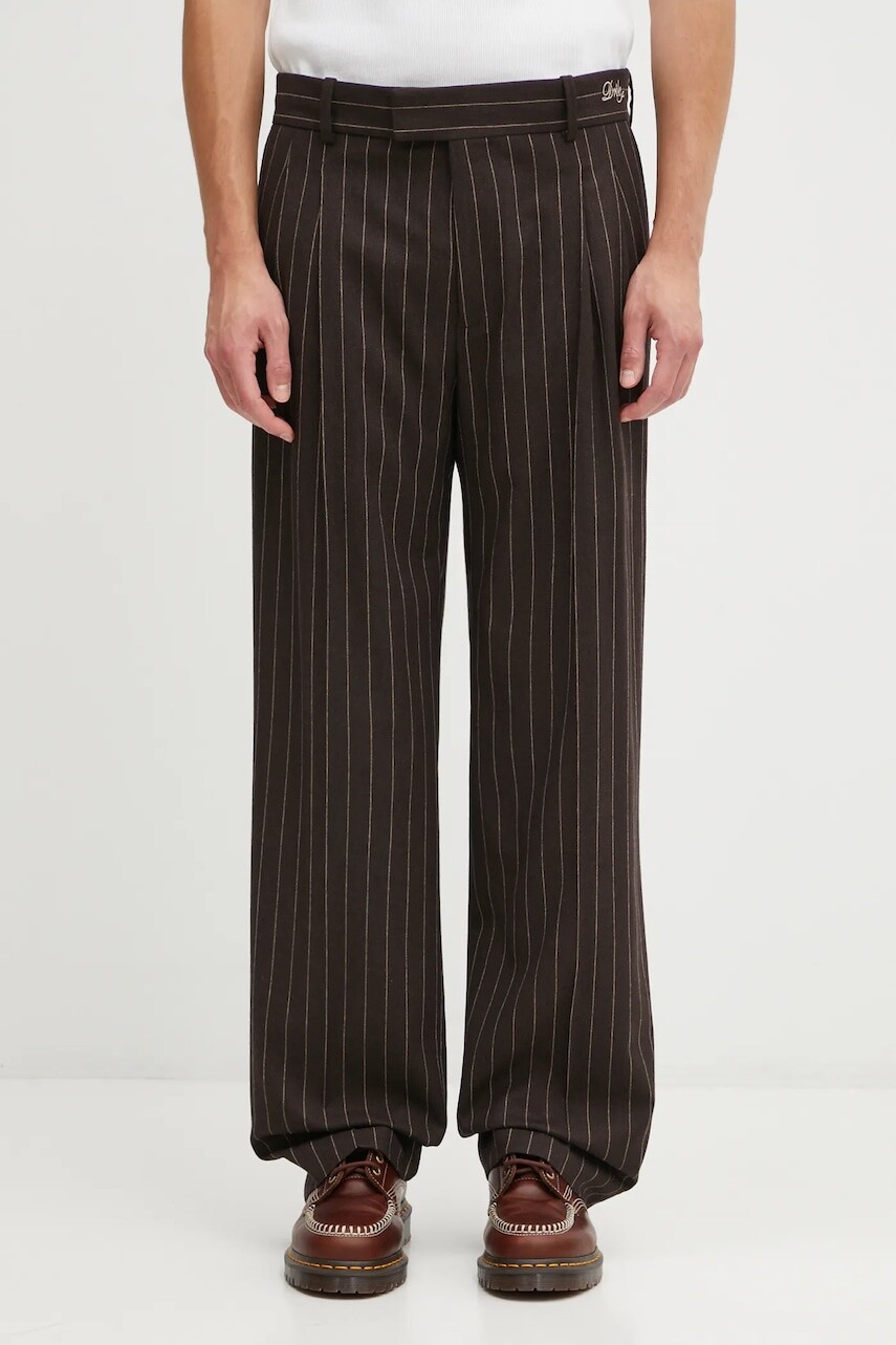 Nohavice s prímesou vlny Drôle de Monsieur Le Pantalon Pinstripes hnedá farba, rovný strih, I.BP165.WO040