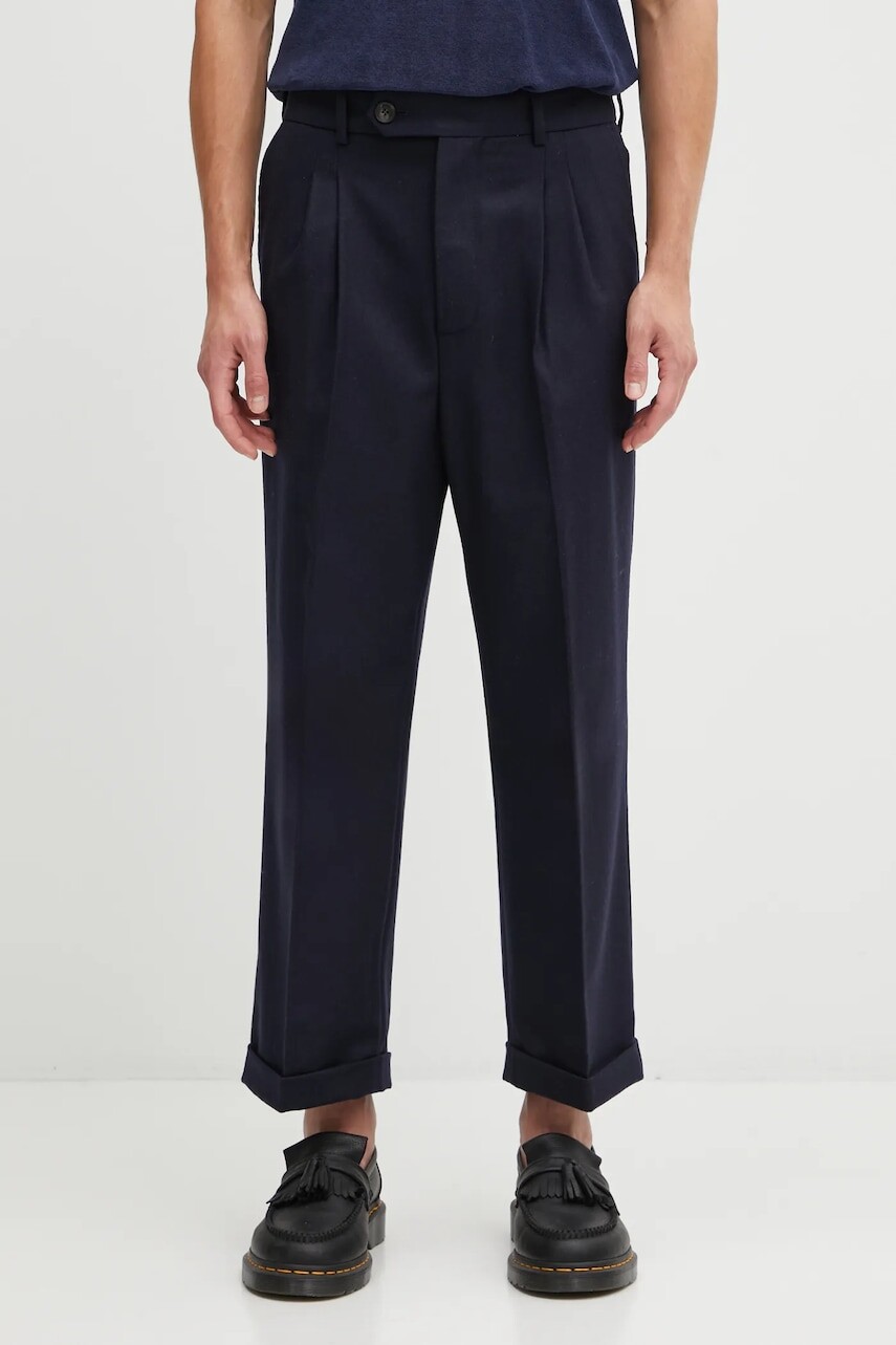 Nohavice s prímesou vlny Drôle de Monsieur Le Pantalon Plis Cropped tmavomodrá farba, I.BP192.WV008