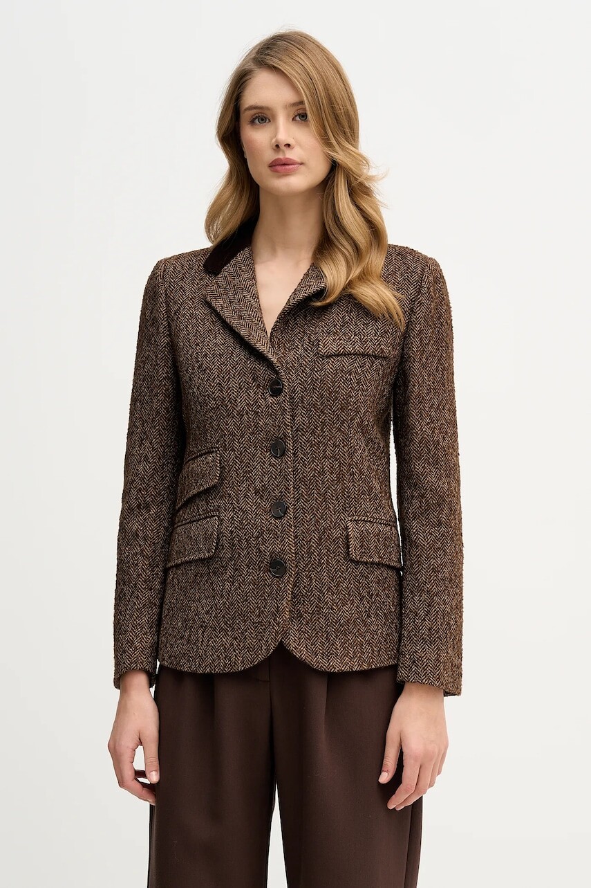 Bunda s prímesou vlny Hoss Intropia hnedá farba, jednoradová, vzorovaná, 5472069