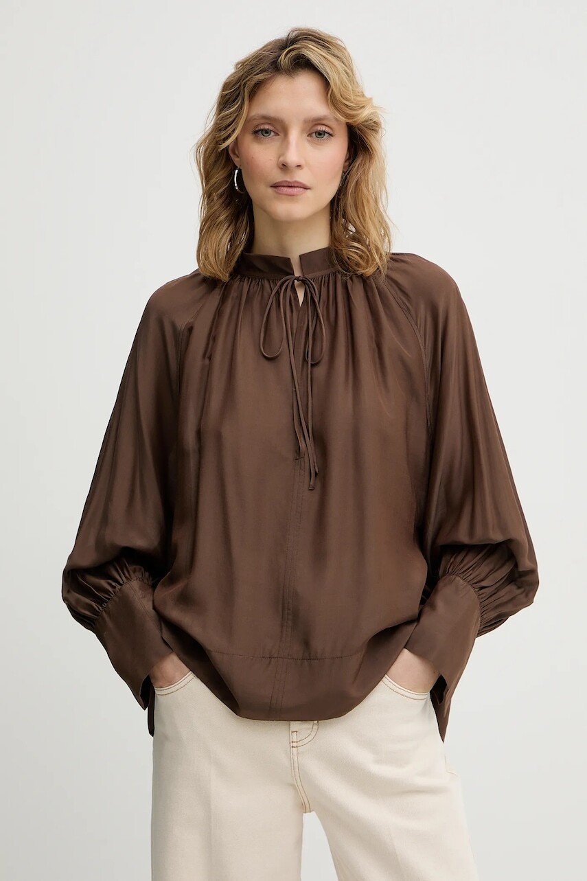 Blúzka s prímesou hodvábu MUNTHE ROSEBERGER hnedá farba, jednofarebná, 254102925427