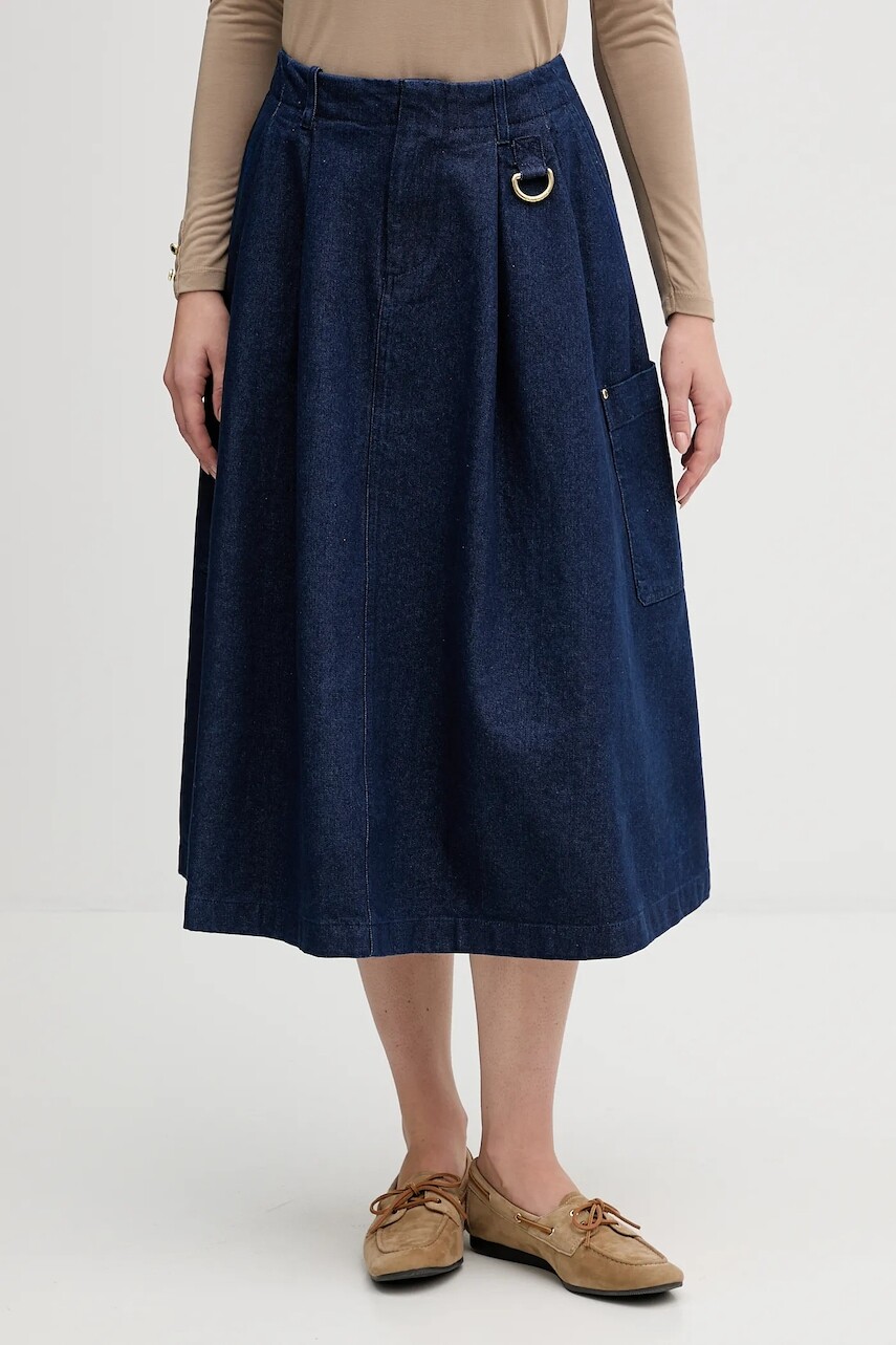 Rifľová sukňa Barbour Saima tmavomodrá farba, midi, áčkový strih, LSK0142