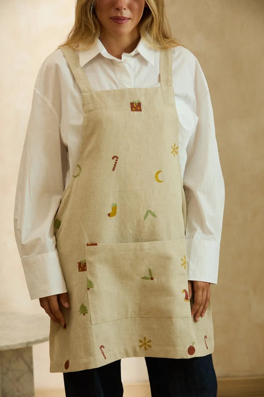 Vianočná ľanová kuchynská zástera Calma House Joy 70 x 64 cm viac farieb