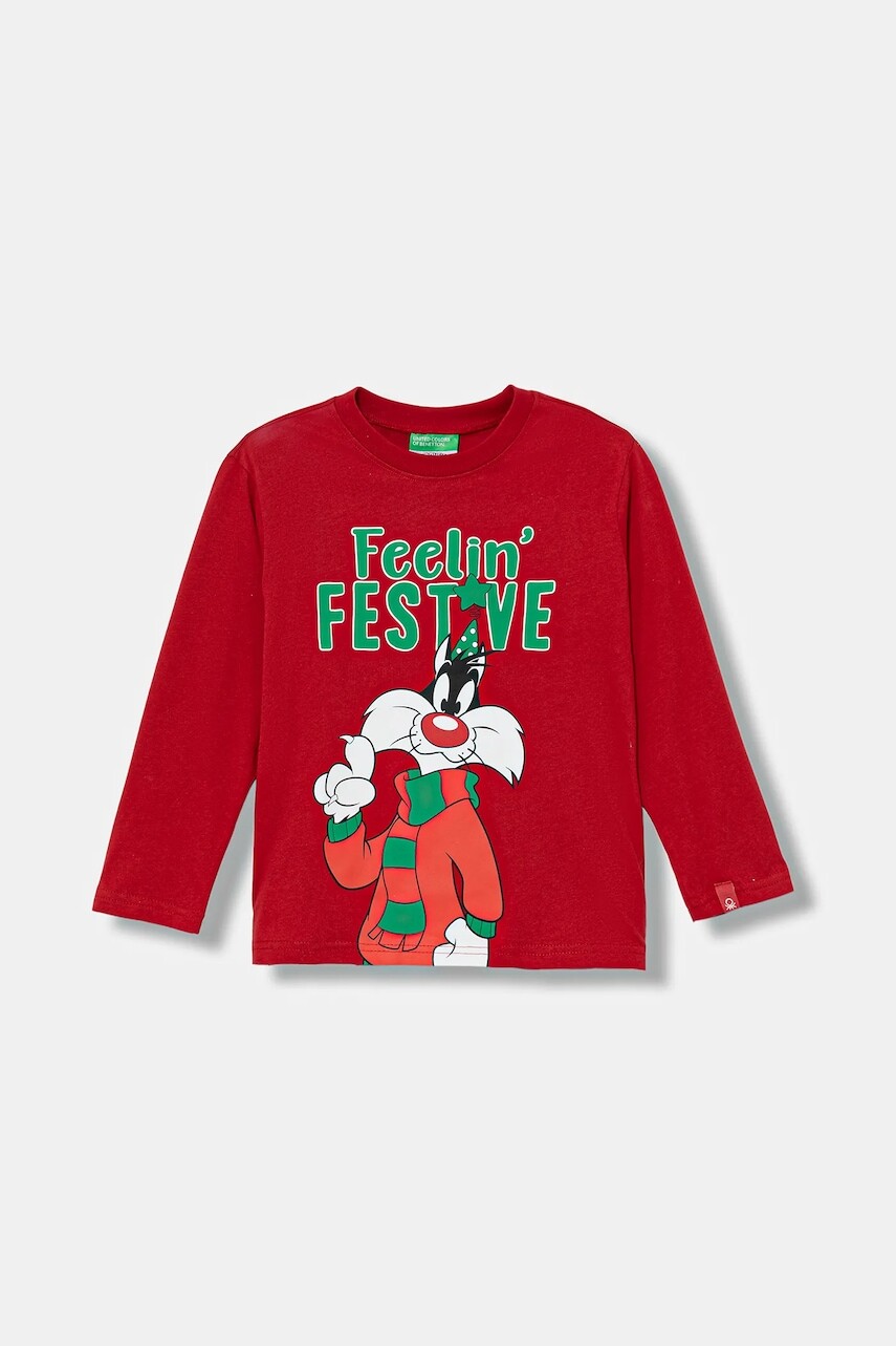 Detská bavlnená košeľa s dlhým rukávom United Colors of Benetton červená farba, s potlačou, 3ATNG10L4