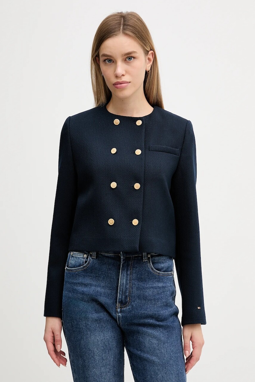 Bunda s prímesou vlny Tommy Hilfiger tmavomodrá farba, prechodná, WW0WW47792