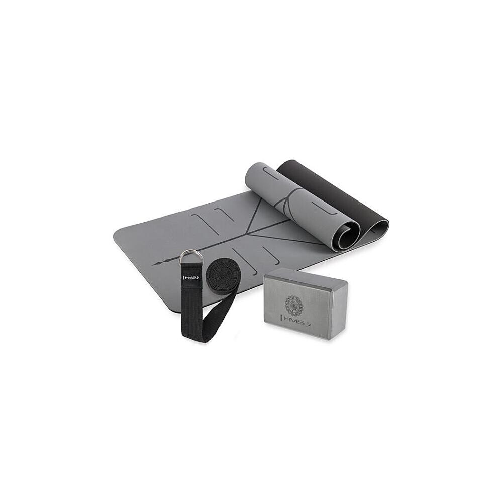 HMS Šedá sada na jogu podložka YM10, joga blok KJ02 a popruh SJ02